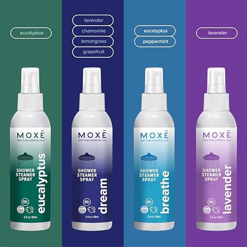 MOXE Aromatherapy Shower Mist Variety Pack, Eucalyptus, Lavender, Breathe and Dream, Spa Steam Spray, Natural 100% Essential Oils, Aromatherapy, Sinus Congestion Relief, 4 Pack (8oz) - color: Variety Pack, size: 2 Fl Oz (Pack of 4)