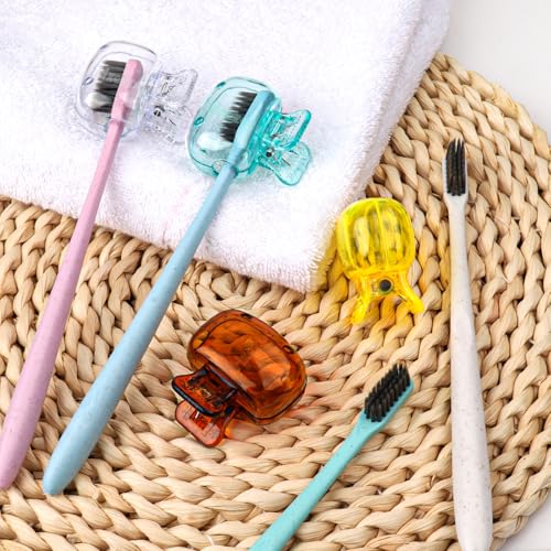Hxezoc 4 Pack Toothbrush Covers Toothbrush Holders Toothbrush Protector Cap Brush Pod Case Protective Portable Plastic Clip for Household Travel, School, Bathroom, Camping, Business - color: Clear, Yellow, Teal, Brown