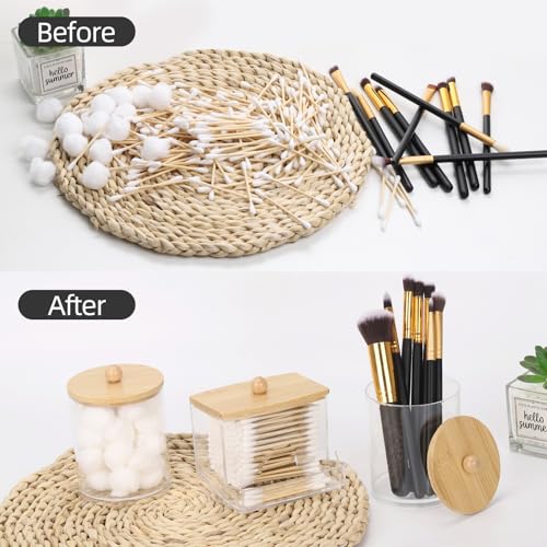 Tbestmax Qtips Dispenser Bathroom Container, 10/12 oz Cotton Ball Holder, Apothecary Jar Organizer for Storage Cotton Swab, Floss Picks (Bamboo Lids) - color: 12oz&10oz Beige
