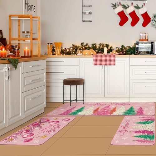 Drydiet 3 Pcs Christmas Kitchen Rug and Mat Set Washable Pink Xmas Tree Kitchen Floor Mats Waterproof Non Slip Farmhouse Merry Christmas Doormat Holiday Xmas Decor for Home Office Bathroom Party Decor - color: Pink, style: Christmas Tree