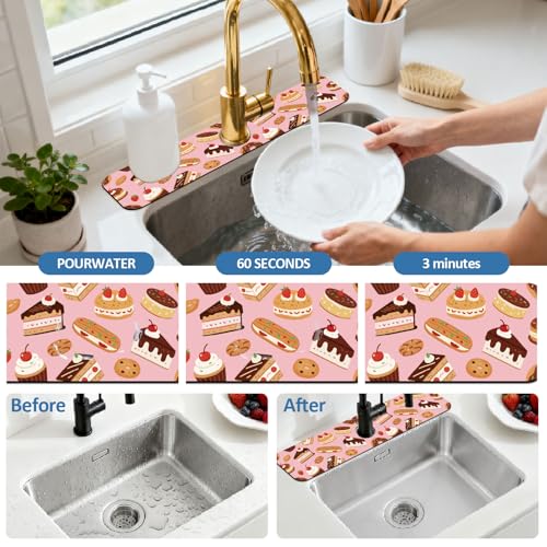 2 Pcs Kitchen Sink Splash Guard Faucet Mat Desserts Cakes Pattern Faucet Mat for Sinks Absorbing Drying Mats for Kitchen Bathroom - color: Desserts Cakes