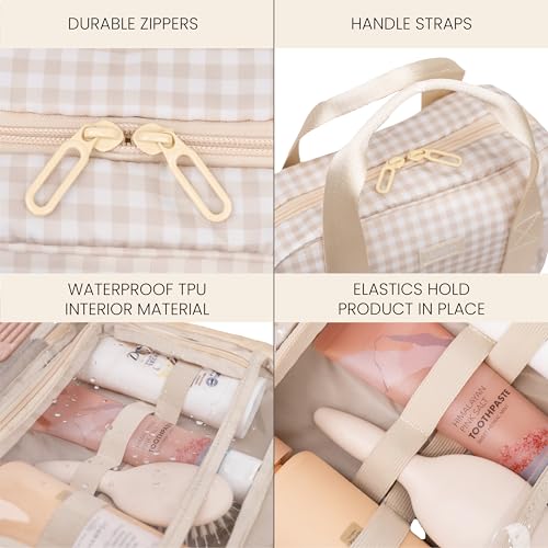 Jadyn Hanging Toiletry Bag, Expandable Toiletry Organizer for Women, Water Resistant Large Travel Cosmetic Bag for Full Size Makeup, Toiletries, Lotion, Shampoo, Accessories (Beige Gingham) - color: Beige Gingham