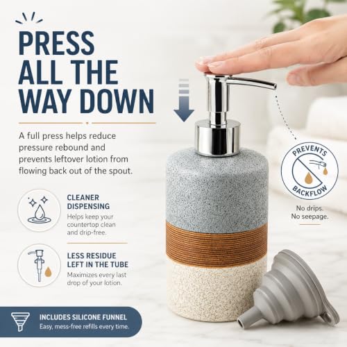 Ceramic Dish Soap Dispenser Set with Silicone Funnel, Hand Soap, Shampoo, Body Wash, Lotion Dispenser for Kitchen and Bathroom, Stainless Steel Pump, Non Slip, 12 Oz - color: Beige and White, size: 1xSoap Dispenser