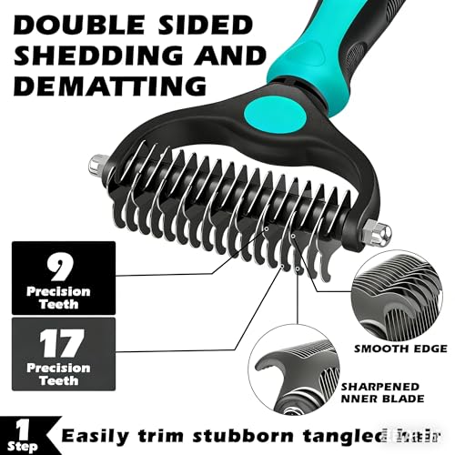 Professional 3PCS Self Cleaning Slicker Brush & Pet Grooming Rake & Flea Comb for Dogs,Cats and Horses | Double-Sided Dematting Comb & Skin Friendly Deshedding Grooming Tool (Cyan) - color: Cyan