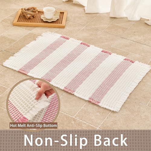 Waffle Bath Mat Non Slip, Boho Bathroom Rug, Super Absorbent Quick Dry Bathroom Mat, Soft Farmhouse Bath Rug with Tassels, Small Washable Shower Mats for Floor 20"x32", White and Pink - color: Pink and White, size: 1'8" x 2'8" (Rectangular)