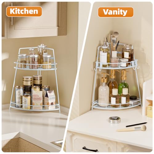 VITVITI 2 Tier Corner Bathroom Counter Organizer, Metal Bathroom Countertop Organizer Shelf Storage, Bath Room Sink Makeup Organizers for Vanity Perfume Skincare with Hooks, White - color: White