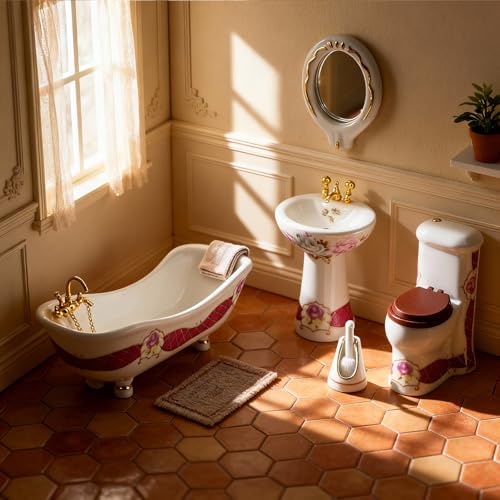 Dollhouse Bathroom Set 5PCS Miniature Porcelain Furniture 1/12 Victorian Dollhouse Furniture White Ceramic Toilet Bathtub Washbasins Decoration Accessory (Red) - style: Red