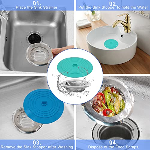 V-TOP Kitchen Drain Strainer Stopper 4 Pack, Universal 6 Inch Silicone Plug Anti-Clogging Stopper Cover, 4.5 Inch Stainless Steel Basket Strainer Food and Hair Catcher - color: 6" Blue & Green