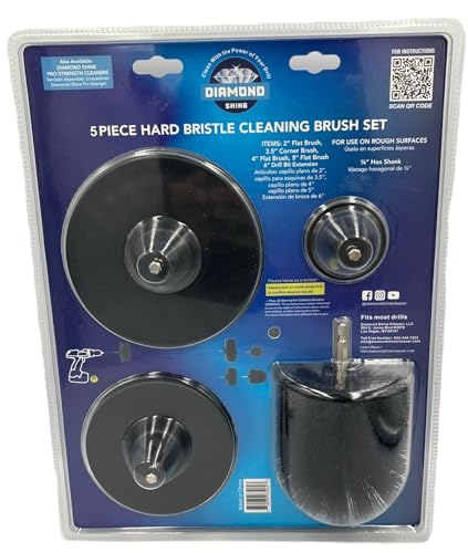 Diamond Shine 5-Piece Firm Bristle Drill Brush Set with 6” Extension Rod – Black Nylon Power Scrubber, 2-5 Inch Heads for Tile, Grout, Tubs & Outdoor Cleaning