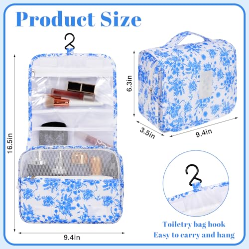 Pengxiaomei Hanging Toiletry Bag, Blue Vintage Floral Waterproof Cosmetic Bag Portable Makeup Pouch Travel Wash Bag with Handle for Teen Girls Camping Tea Party - color: blue&white