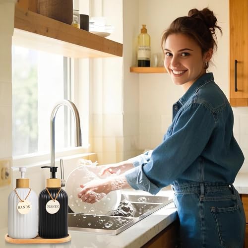2 Pack ViserVita Glass Hand Soap Dispenser Set with Bamboo Pump, Elegant Refillable Liquid Dish Soap Dispenser with Tray, Perfect for Kitchen Sink and Bathroom Decor - color: Black/White With Tray