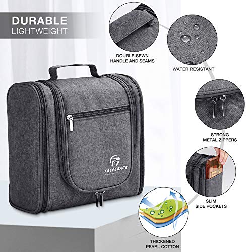Freegrace Extra Large Hanging Toiletry Bag for Men and Women - Water-Resistant Nylon Travel Bathroom Organizer for Cosmetics, Makeup, and Toiletries - color: Dark Grey