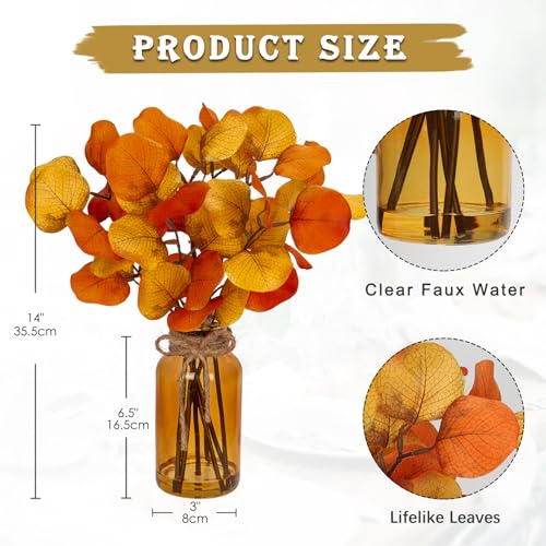 Briful Artificial Eucalyptus Stems in Amber Glass Vase with Faux Water, 14" Fake Fall Plant Autumn Leaves for Home Farmhouse Wedding Centerpiece Bathroom Décor - color: Orange