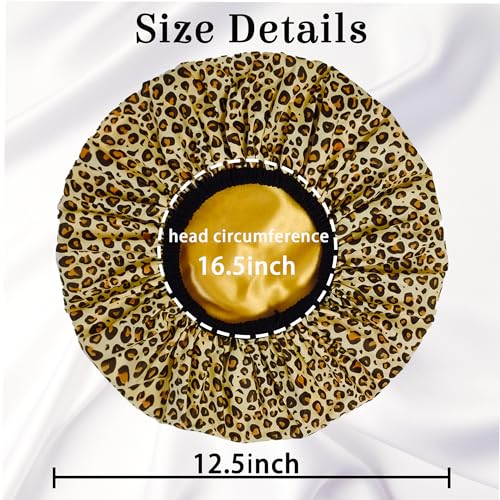 Shower Cap for Women, Shower Caps Reusable Waterproof, Large Plastic Satin Lined Shower Cap for Braids Long Hair - color: Leopard stripes