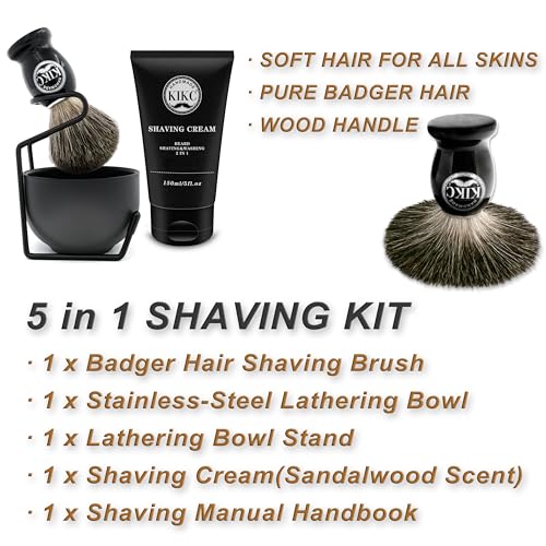 KIKC 5 in 1 Shaving Kit for Wet Shave, Set Includes Hand Crafted Pure Badger Shave Brush, Stainless Steel Lathering Soap Bowl, Shave Brush Stand, Shaving Cream, Best Gift for Bearded Man, Deluxe Black - color: black Stainless set