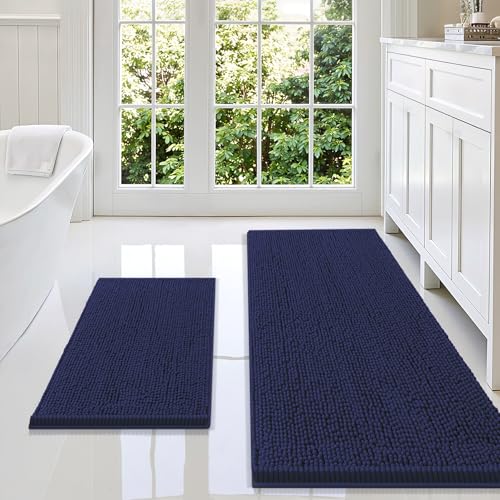 Smiry Bathroom Rugs Sets 2 Piece, Soft Absorbent Chenille Machine Washable Non Slip Shaggy Bath Rug Set for Tub, Shower, and Floor (59x20+24x16, Navy Blue) - color: Navy Blue, size: 59"x20"+24"x16"