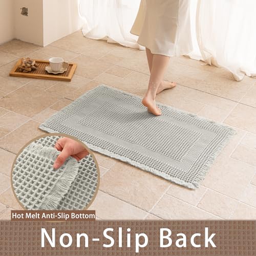 Waffle Bath Mat Non Slip, Boho Bathroom Rug, Super Absorbent Quick Dry Bathroom Mat, Soft Farmhouse Bath Rug with Tassels, Small Washable Shower Mats for Floor 20"x32", Square Light Grey - color: Square Light Grey, size: 1'8" x 2'8" (Rectangular)