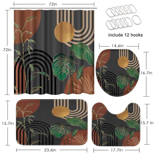 Brown Boho Mid Century Shower Curtain Set with Toilet Lid Cover and Non-Slip Rugs, Abstract Retro Grey Background 4 Pcs Modern Minimalist Aesthetic Shower Curtain for Bathroom Set with 12 Hooks - color: Grey