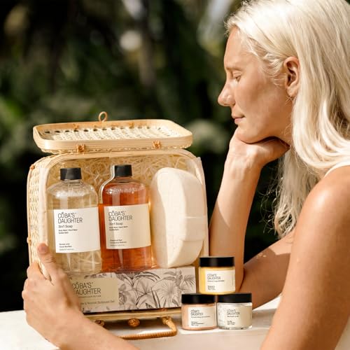 COBA'S DAUGHTER Luxury 7-Piece Bath & Body Gift Set with Rattan Case | Curated body wash, bubble bath & scrub | Gifted for holidays, birthdays & bridal showers - style: Bath & Body Ritual Set