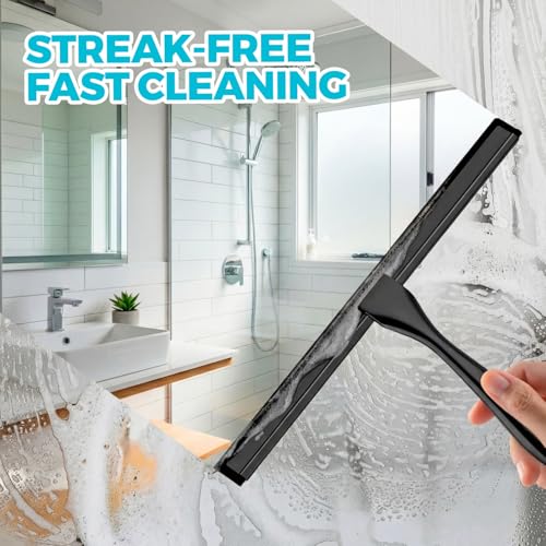 ALFLOD 2pcs Shower Squeegee for Glass Doors with Adhesive Hanging Hook Set | 12” black, bathroom accessories, window cleaner, new home essentials, soft rubber blade, metal handle, ergonomic grip - color: Black, size: 12 Inch