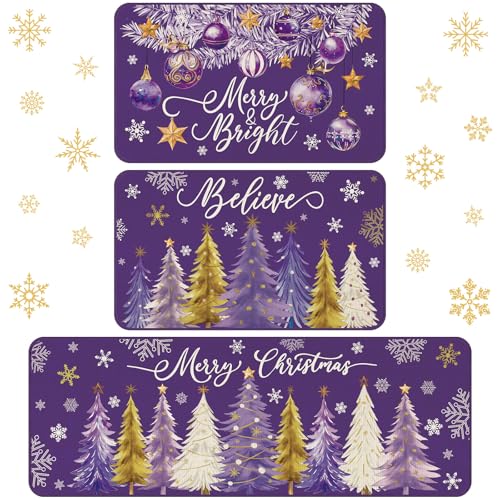 Drydiet 3 Pcs Purple Christmas Kitchen Rug and Mat Set Washable Purple Xmas Tree Kitchen Floor Mats Waterproof Non Slip Farmhouse Merry Christmas Doormat Holiday Xmas Decor for Home Office Bathroom - color: Purple, style: Christmas Tree