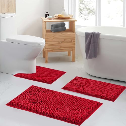 RUN HELIX Bathroom Rugs, Chenille Bath Mat, Non-Slip, Machine Washable Bath Rugs - Ultra Soft Bath Mats, Dries Quickly, Bathroom Rug Set of 2 Red Batroom Mats Set-32x20+24x16 Inch Christmas Rug - color: Red, size: 32"L x 20"W + 24"L x 16"W