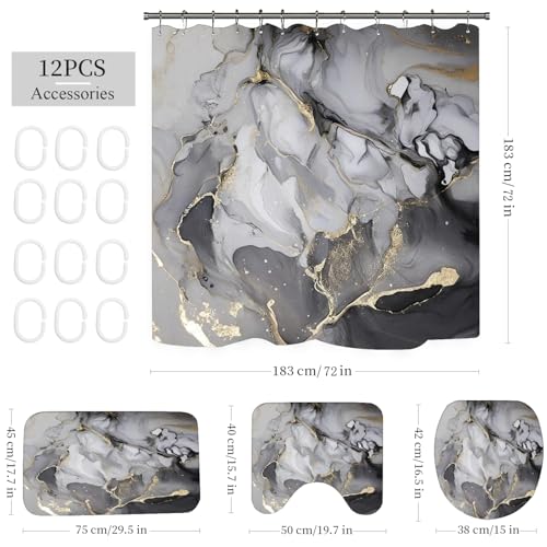 Marble Bathroom Sets with Rugs for Bathroom Decor, 72x72 Inches Gold Shower Curtain with Non-Slip Rugs and Accessories, Waterproof Machine Washable Bath (Curtain Set-Gary Gold Marble) - color: Curtain Set-gary Gold Marble