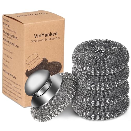 5Pcs Steel Wool Scrubber with Replacement Wire Sponge Pads Set, Stainless Steel Scrubber with Handle for Scouring Stubborn Messes from Cast Iron, Pots, Pans, Grill, Stoves, Sink(1 Scrubber+4 Pads) - size: 1 Handle+4 Pads