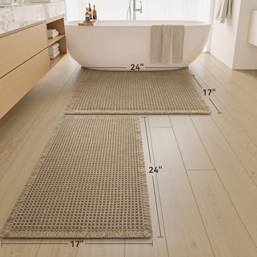 Upgraded Waffle Bath Mats Set of 2, Super Absorbent Non Slip Bath Mats for Bathroom Floor, Washable Boho Bathroom Rugs Set 2 Piece with Tassels, Soft Bathroom Mat Set, 17" x 24" (2 Pack), Brown - color: Brown, size: 17" x 24" ( 2 PCS )
