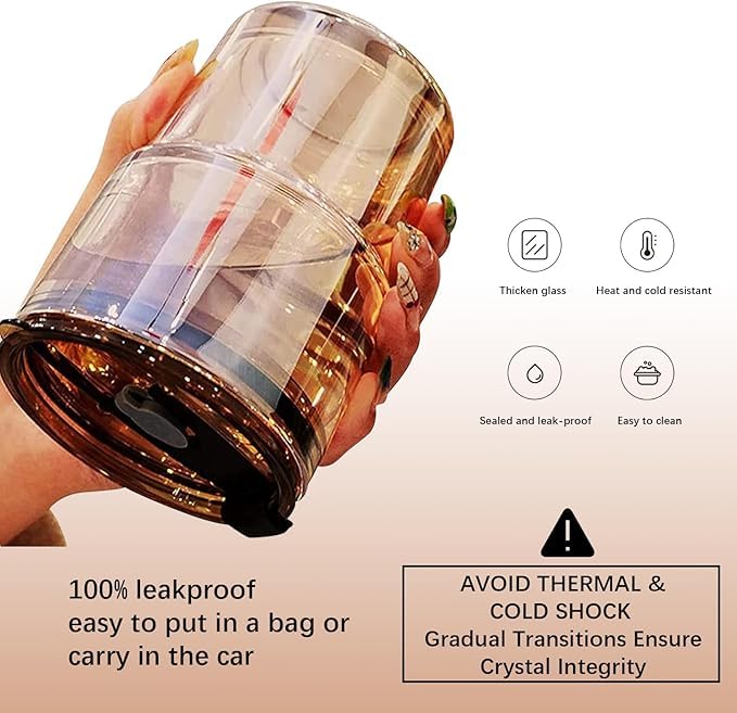 BLUEPOLAR 13oz/400ml Glass Tumbler Water Cup with Straw and Lid, Sealed Carry on for Coffee, Iced Tea, Thick Wall Insulated Amber 2-Pack - color: Amber-2Pack