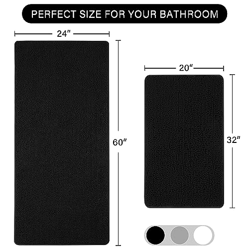 LOCHAS Bathroom Rugs Sets 2 Piece, 20 x 32 Plus 24 x 60 Inches Thick Non Slip Bath Rug Set, Absorbent Soft Chenille Bath Rug, Machine Washable Quick Dry Bath Mat for Bathroom Floor, Black - color: Black, size: 2' x 5' (Rectangular)