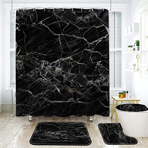 NEWSUYAA 4Pcs Black Marble Bathroom Shower Curtain Set with Rugs Accessories,Modern Luxury Bathroom Decor with Non-Slip Bath Mats, Toilet Seat Cover,Abstract Marble Shower Curtains + Hooks - color: Black