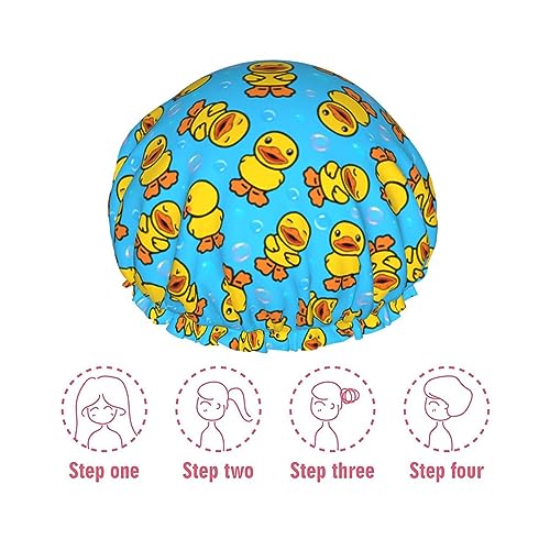 Yellow Rubber Duck Shower Cap For Women Adjustable Double Waterproof Layers Bathing Shower Hat Hair Protection Reusable Ladies Spa Salon Shower Hat - color: Rubber Duck