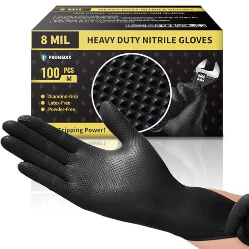 PROMEDIX P Heavy Duty Nitrile Gloves with Diamond Texture 8 Mil Latex Free Powder Free Industrial Disposable Glove - color: Black, size: Large