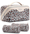 BOYATU Travel Makeup Bags Cosmetic Organizer Bag: 3 Pcs Set Large Capacity Make up Bag with Compartments - Waterproof Leather Toiletry Bags with Handle for Women (B-White) - color: B-White