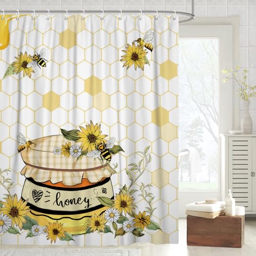 Fabric Shower Curtain with Hooks, Waterproof & Washable & Polyester, Spring Funny Bee Daisy Sunflower Floral Shower Curtains for Bathroom, Rusitc Farmhouse Bathroom Curtain, House Gift, 71x74 Inch - color: Bee Sunflower
