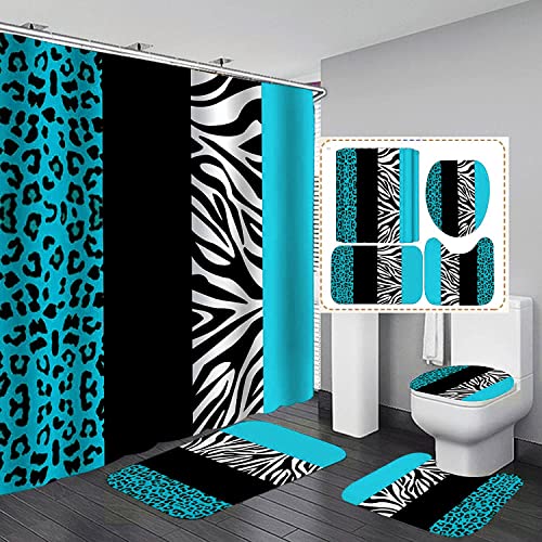 4PCS Leopard Print Shower Curtain Set with Rug, Toilet Lid Cover and Bath Mat, Teal Black Splice Shower Curtain with 12 Hooks, Complete Bathroom Accessories Decor Set… - color: A-teal