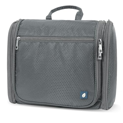 PAVILIA Large Hanging Toiletry Bag for Women Men, Travel Cosmetic Organizer with 10 Compartments, Swivel Hook and 3 Leakproof Pockets, Water Resistant Makeup Case, Packs Flat, Black - color: Grey