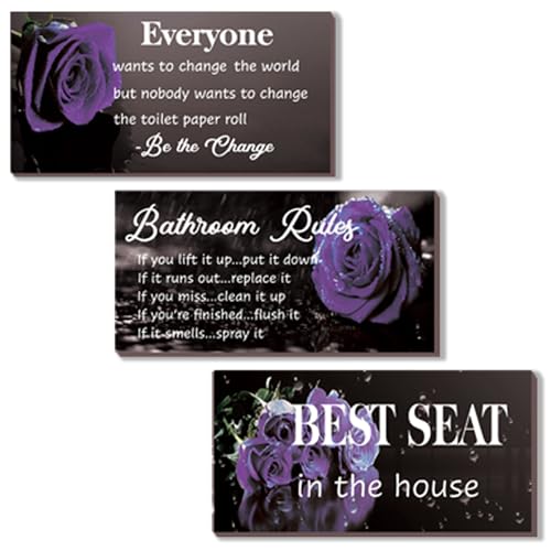 DONFENTHY 3 Pcs Purple Bathroom Rules Decor Rustic Wooden Best Seat in The House Rose Hanging Wall Art Bathroom Accessories for Toilet(Purple 10x5") - color: Purple Rose