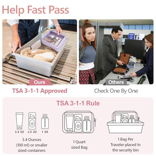 PACKISM Clear Makeup Bag Foldable - TSA Approved Toiletry Bag for Travel | Metal Zipper, Reinforced Seam, Water Resistant, Medium for Carry-on, Large for Checked Luggage, for Car Storage Organizer - color: 2 Pack Purple, size: Hybrid Traveler (1 Large & 1