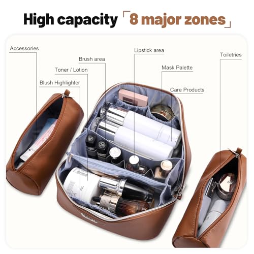 BOYATU Travel Makeup Bag Cosmetic Bags for Women: Large Capacity 3 Pcs Set Make up Bag with Compartments - Waterproof Vegan Leather Toiletry Organizer Bags with Handle (L25Brown) - color: L25Brown
