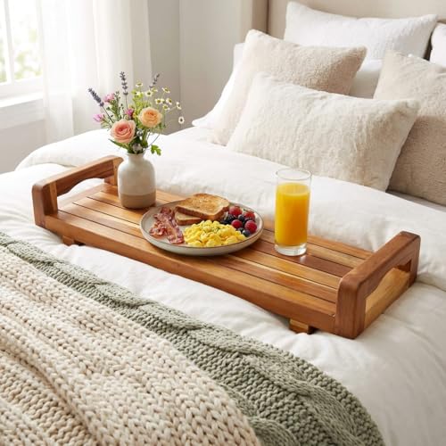 EcoDecors, 34 inch, with LiftAid Handles, Bath Tray for Tub, Bath Tub Tray Wood, Bathtub Table, Caddy for Bathtub in Natural Teak - style: 34"- LiftAid Handles
