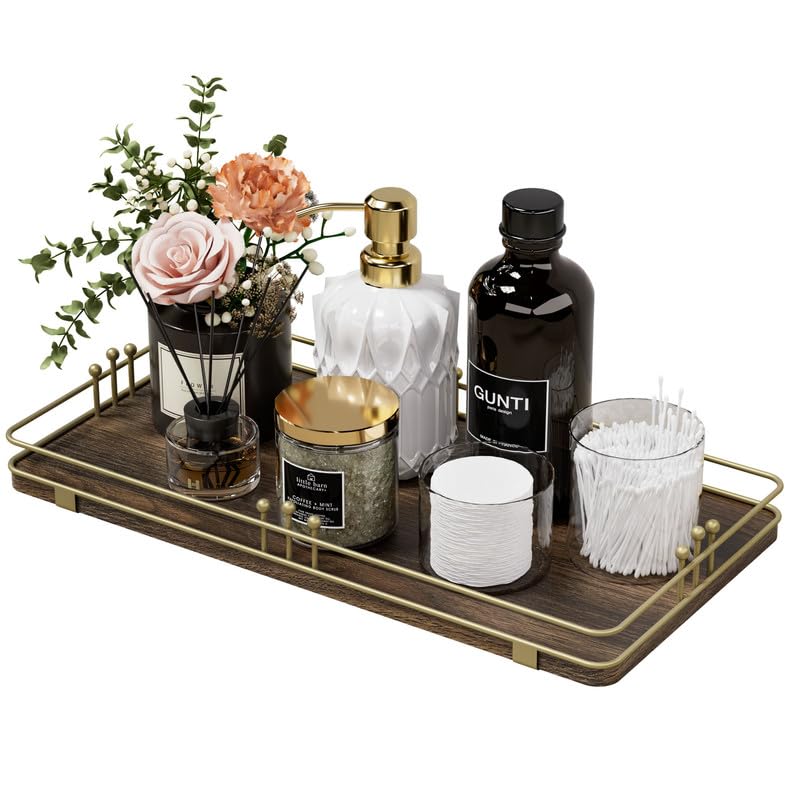 Toilet Paper Basket, Bathroom Basket for Counter Toiletries Towel Decor, Toilet Tank Tray, Guest Back of Toilet Organizer Storage, Vanity Tray for Perfume Makeup, Kitchen 13”x6.5” Brown-Gold - color: Brown + Gold, size: 13" x 6.5" x 1.6"