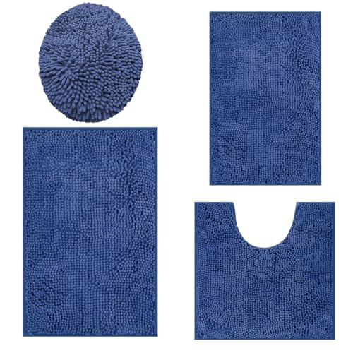 Bathroom Rugs Sets 4 Piece, Extra Soft Absorbent Chenille Bath Rugs, Non Slip Rubber Backing Machine Washable Quick Dry Bath Mats for Bathroom Floor, Tub, Shower, Home Decor Accessories, Deep Blue - color: Misty Blue