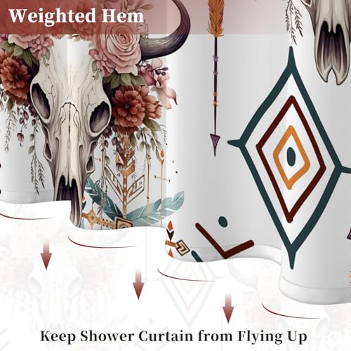 Fabric Shower Curtain with Hooks, Waterproof & Washable Polyester, Boho Western Aztec Cow Bull Skull Floral Shower Curtains for Bathroom, Retro Farmhouse Rustic Bathroom Curtain, 71x74 Inch - color: Boho Bull Skull