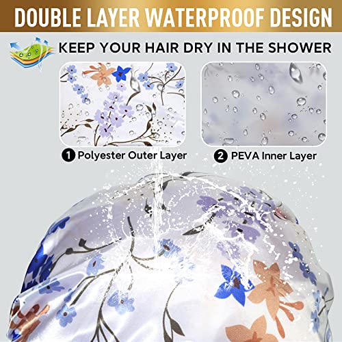 Shower Cap, Adjustable Shower Caps for Women, Extra Large Upgrade Double Waterproof Layers Hair Cap, Bath Caps Shower Hat Women Girls Adult Hair Protection Suitable for All Lengths and Thickness - color: Blue Porcelain, size: X-Large
