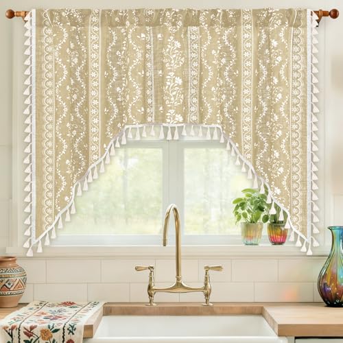 Yinhua Boho Swag Valance Curtains Vintage Linen Valances for Windows Light Filtering Floral Kitchen Valance Rod Pocket Farmhouse Rustic Tassel Window Valances for Bathroom Cafe, 60" W x 36" L, Natural - color: Natural, size: 60"W x 36"L (Pack of 1)