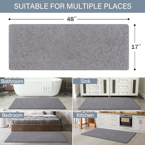 LOCHAS Luxury Bathroom Rug Shaggy Bath Mat 48 x 17 Inch, Washable Non Slip Bath Rugs for Bathroom Shower, Soft Plush Chenille Absorbent Carpets Mats, Gray - color: Grey, size: 1'5" X 4' (17''x48'')