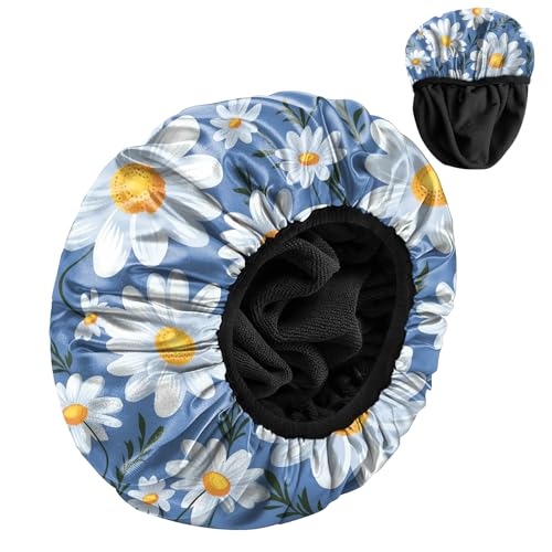 Luxury Shower Cap Terry Cloth Lined EVA Waterproof Reusable Triple Layer Elastic Hair Bath Caps for Women Girls Cute (C19-Chrysanthemum) - color: C19-Chrysanthemum
