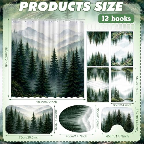 FuWeave 8 Pcs Green Forest Shower Curtain Set for Bathroom Decor Include Nature Misty Mountain Woodland Shower Curtain Towels Non Slip Rugs Toilet Lid Cover Bath Mat and 12 Hooks for Bathroom Decor - color: Green Forest